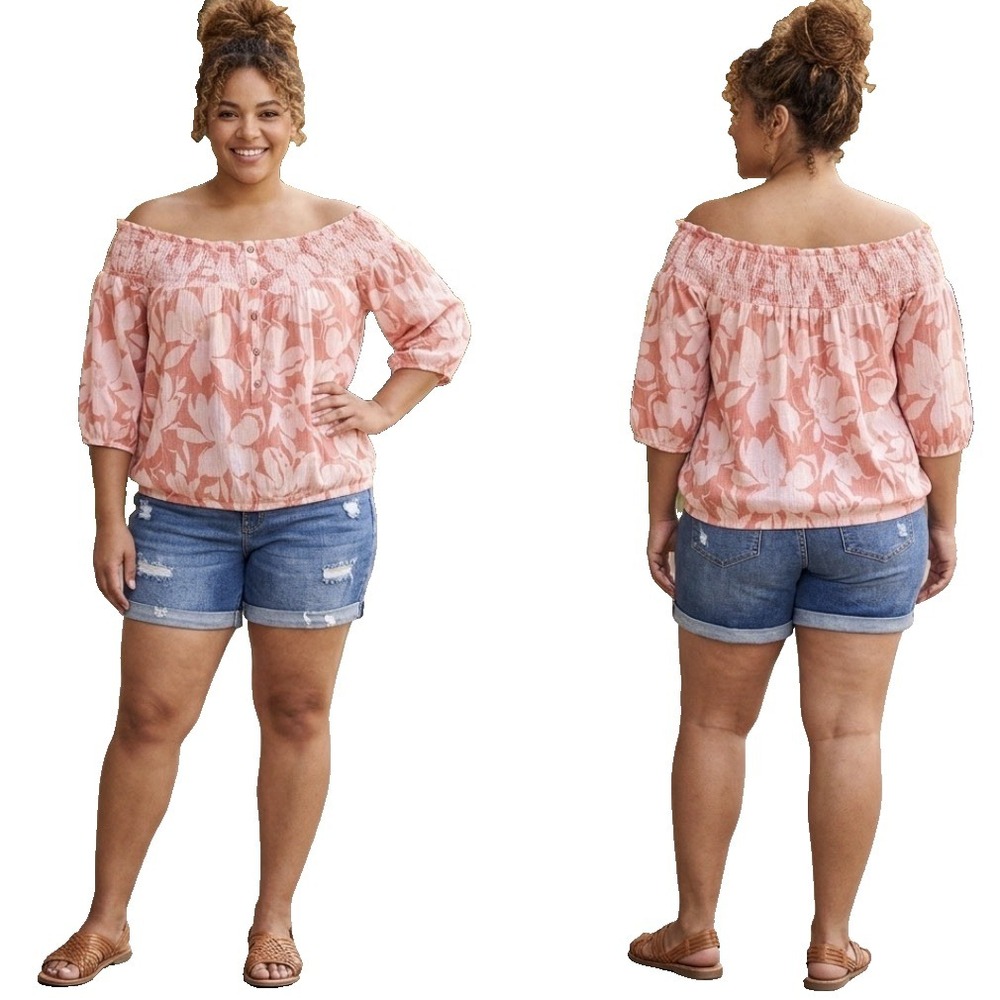 Torrid Size Large Orange Floral Crinkle Gauze Off Shoulder Button‎ Peplum Tunic